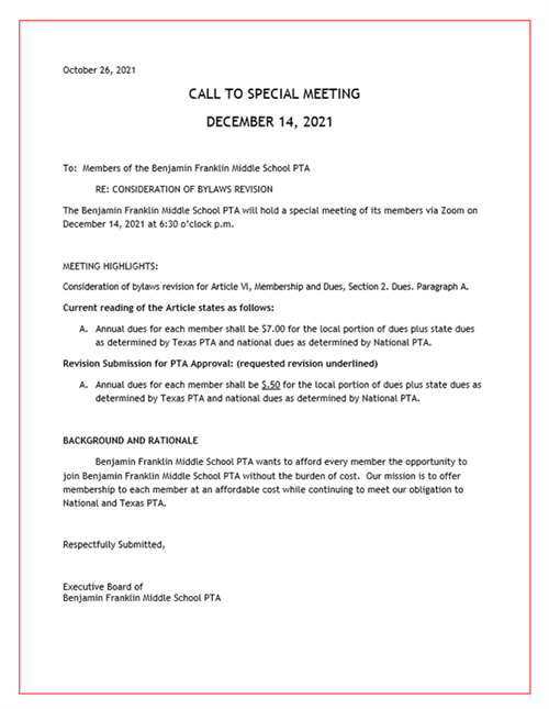 Call to Special Meeting for December 14, 2021